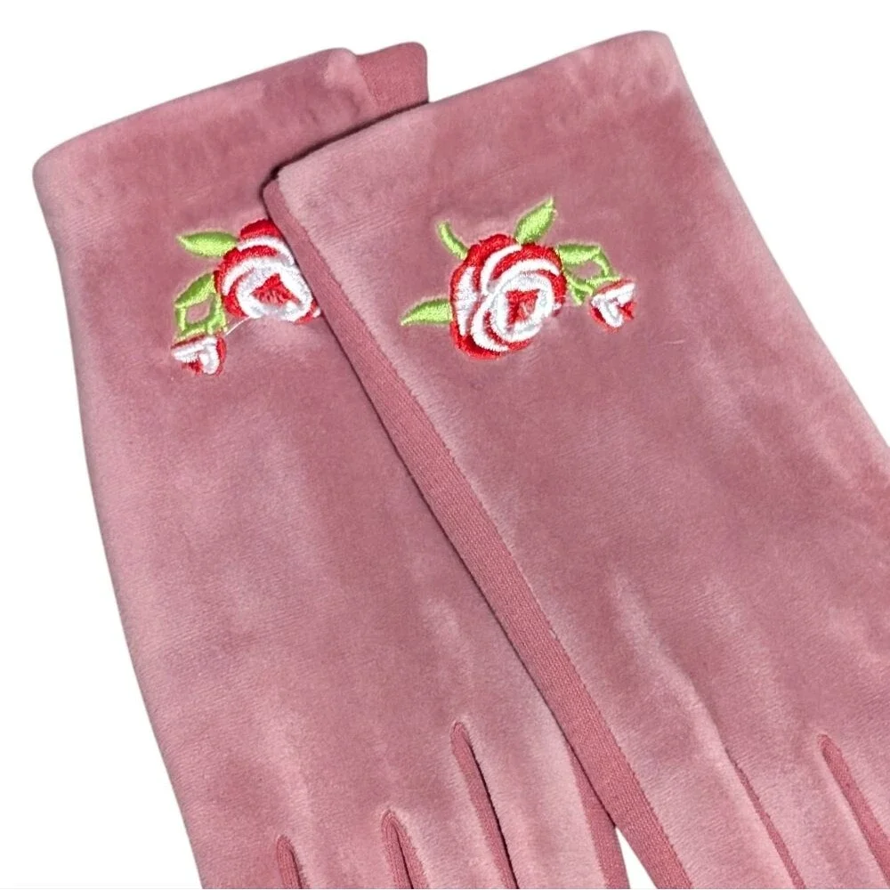 New velvety gloves with embroidered flower OS pink stretch soft cozy cottagecore